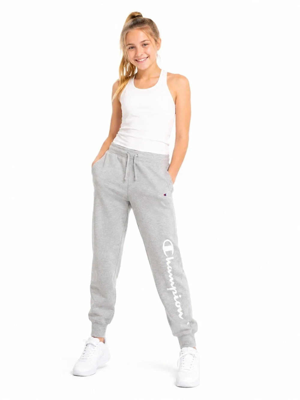 Champion Gray Joggers with White Script Logo